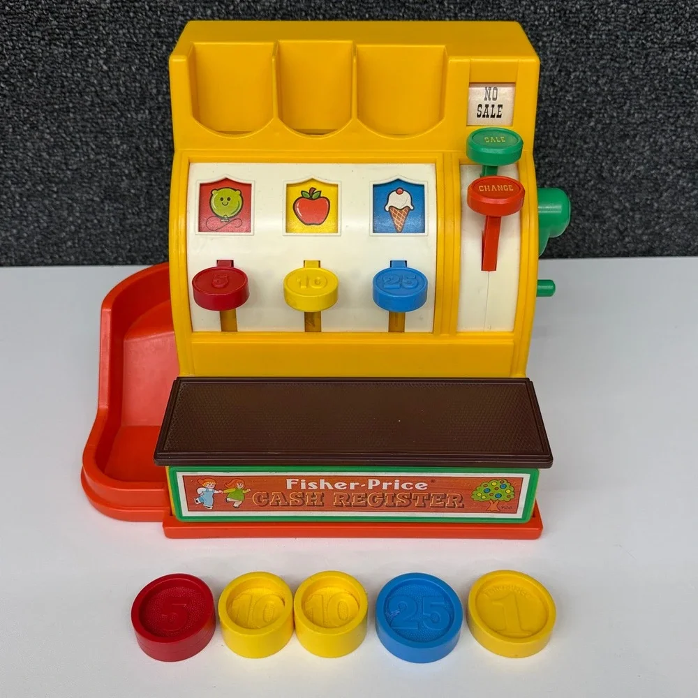 Vintage 1974 Fisher Price Cash Register 926 with 5 Coins Retro Toy Made in USA